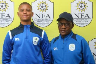 WINDHOEK, 09 September 2026 - Young Warriors head coach Lucky Shipanga (right) and team goalkeeper Micheni Kavendjii during the Under-20 national team announcement ahead of the Confederation of Southern African Football Associations (COSAFA) Under-20 Championship in Mozambique. (Photo: Hesron Kapanga) NAMPA