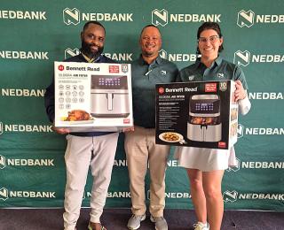 WINDHOEK, 16 September 2026 - FLTR - Fabie Shilongo; Nedbank Namibia Senior Forex Dealer, Brandon Stoffels; and Suene Venter, at the Nedbank for Good Series round 10 at Rossmund Golf Course. (Photo: Contributed) 