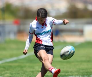 WINDHOEK, 19 September 2026 - Wanderers Women’s Rugby Club fullback Joana van Staden while taking a conversion against Montego United during the Women’s 15s Rugby League at Hage Geingob Stadium in Olympia on Saturday. Wanderers won the match 24-19. (Photo: Hesron Kapanga) NAMPA
