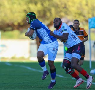 WINDHOEK, 20 September 2026 - Wanderers Rugby Club (in white) and Montego United during the last Namibia Rugby Union Premier League Fixture at Hage Geingob Stadium on Saturday. Wanderers defeated their arch-rivals 41-29. (Photo by: Hesron Kapanga) NAMPA