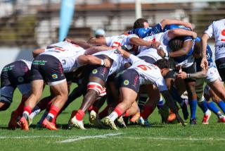 WINDHOEK, 20 September 2026 - Wanderers Rugby Club (in white) and Montego United during the last Namibia Rugby Union Premier League Fixture at Hage Geingob Stadium on Saturday. Wanderers defeated their arch-rivals 41-29. (Photo by: Hesron Kapanga) NAMPA