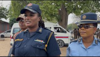 RUNDU, 21 Septemember 2026 -Namibian Police Force (NamPol) Deputy Commissioner for Crime Prevention in the Kavango East Region, Lucia Kahuure talks about Operation Basadi on Monday. She is accompanied by the station commander for the Rundu Police Station Chief Inspector Hermine Muranda. (Photo by: Sawi Hausiku) NAMPA 