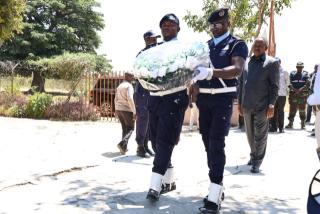 WINDHOEK, 23 September 2026- Minister of Defence and Veterans Affairs, Frans Kapofi laying a wreath in Angola. (Photo contributed). NAMPA