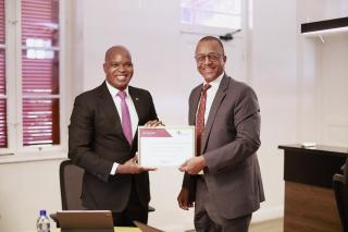 WINDHOEK, 02 October 2026 - Ebson Uanguta, Governor of the Bank of Namibia and Jerome Mutumba, Chairperson of Access Bank Namibia. (Photo: Contributed) NAMPA 
