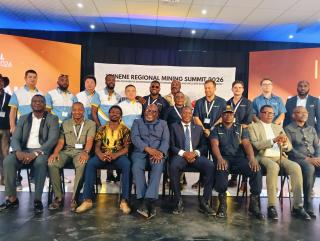 OPUWO, 08 October 2026- Minister of Industries, Mines and Energy Modestus Amutse, Kunene Governor Vipuakuje Muharukua and other delegates pose for a group photo during the Kunene Regional Mining Summit in Opuwo on Thursday. (Photo: Kaviveterue Virere) NAMPA