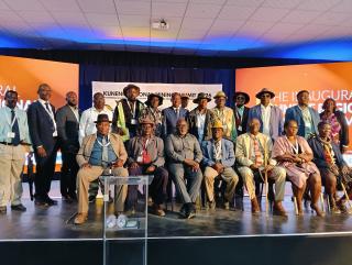 OPUWO, 09 October 2026- Minister of Industries, Mines and Energy Modestus Amutse, Kunene Governor Vipuakuje Muharukua and traditional leaders during the closing of the inaugural Kunene Regional Mining Summit in Opuwo on Friday. (Photo: Kaviveterue Virere) NAMPA
