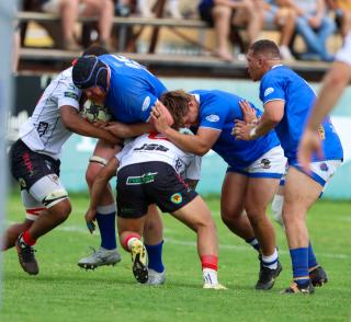 WINDHOEK, 10 October 2026 - Wanderers players in white and Kudus player while in action during the final of the 2026 Namibia Rugby Union Premier League final at the Hage Geingob Stadium in Olympia. (Photo by: Hesron Kapanga) NAMPA