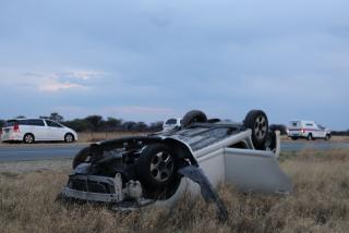 B1 ROAD, 11 October 2026 - The seven seater which overturned and rolled three times after an alleged tyre burst Sunday afternoon along the Otjiwarongo-Okahandja B1 road. Seven occupants including its 37-year-old driver survived the accident with slight to serious injuries and were taken to the Okahandja State Hospital for medical attention. (Photo by: Mulisa Simiyasa) NAMPA 