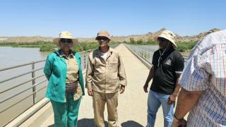 WINDHOEK, 11 October 2026 - Agriculture, Fisheries, Water and Land Reform, Inge Zaamwani (left) pictured with ||Kharas Region Governor Dawid Gertze (middle) during her visit to the Karasburg veterinary district (Photo: Contributed) 