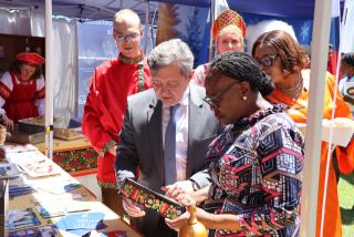 WINDHOEK, 16 OCT (NAMPA) – Minister of International Relations and Trade Selma Ashipala-Musavyi, pictured with the Russian Ambassador, along with the Congo ambassador, Lauria Nguele Makoulet, while touring exhibitors’ stalls at the inaugural Diplomatic Corps Fair in Windhoek on Friday. (Photo by Uakutura Kambaekua) NAMPA.
