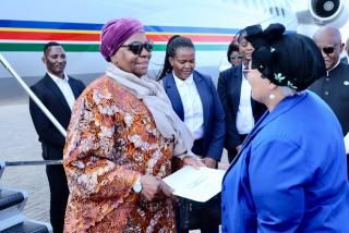 WINDHOEK, 18 October 2026 - President Netumbo Nandi-Ndaitwah with Vice President Lucia Witbooi before departure from Hosea Kutako International Airport to Luanda on Sunday to attend the Angola-Namibia Bi-National Commission (Photo: Contributed) NAMPA