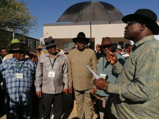 OTJIWARONGO, 20 October 2026 - The Deputy Chairperson of the Council of Traditional Leaders in Namibia, Omukwaniilwa Fillemon Shuumbwa Nangolo (R) announces names of the six traditional authorities who recieved the newly acquired vehicles. The six vehicles were handed over to them at the 27th annual meeting of Council of Traditional Leaders on Tuesday afternoon at Otjiwarongo. (Photo by: Mulisa Simiyasa) NAMPA 