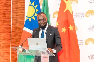 WINDHOEK, 27 October 2026 - Economic Association of Namibia chairperson Jason Kasuto speaking at the China-Africa Cooperation Symposium in Windhoek on Tuesday. (Photo: Contributed) 
