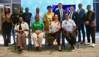 WINDHOEK, 27 October 2026 - Minister of Education, Youth, Sport, Arts and Culture Dino Ballotti (fourth from right), FNB Retail CEO Mbo Luvindao (second from right), and officials from the Namibia Football Association and the Women’s Super League pose for a photograph during the official launch of the Women’s Super League in Windhoek. (Photo by: Hesron Kapanga) NAMPA
