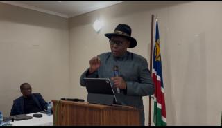 RUNDU, 28 October 2026 - The Minister of Urban and Rural Development James Sankwasa speaking at a high-level stakeholder meeting on NORED and the Local Authorities and Regional Council Electricity Company (LAEC), focusing on shareholding arrangements and financial reporting in Rundu on Wednesday. (Photo by: Sawi Hausiku) NAMPA 