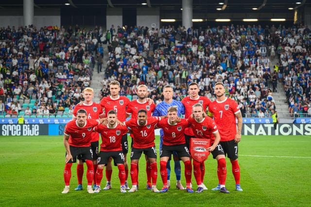 Austria’s starting eleven poses for photos prior to the kick off of the Group B3 Nations League football match between Slovenia and Austria at The Stadium Stozice in Ljubljana on September 6, 2024. (Photo by Jure Makovec / AFP)