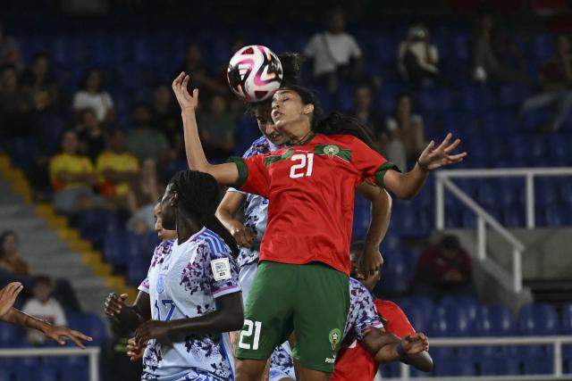 Morocco's defender Hajar Said jumps for a header during the 2024 FIFA U-20 Women's World Cup match between Morocco and Spain at the Pascual Guerrero stadium in Cali, Colombia, on September 7, 2024. (Photo by JOAQUIN SARMIENTO / AFP)