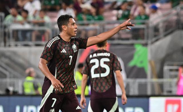 Mexico's #7 Luis Romo celebrates scoring his team's third goal during the international friendly football match between Mexico and New Zealand at the Rose Bowl Stadium in Pasadena, California, on September 7, 2024. (Photo by Frederic J. BROWN / AFP)