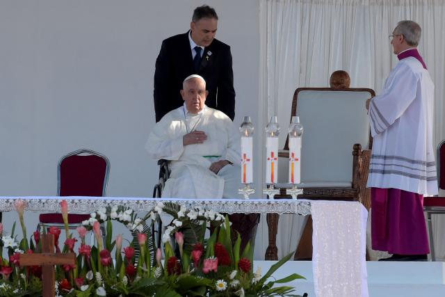 Pope Francis arrives to lead holy mass at Sir John Guise Stadium in Port Moresby, Papua New Guinea, on September 8, 2024. (Photo by Andrew KUTAN / AFP)