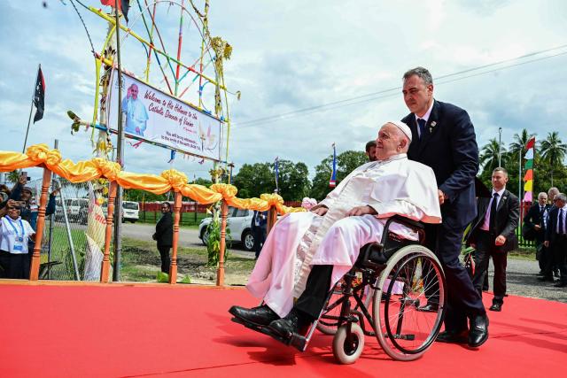 Pope Francis arrives to meet Catholic faithful of the diocese of Vanimo in front of Holy Cross Cathedral in Vanimo, Papua New Guinea, on September 8, 2024. (Photo by Tiziana FABI / AFP)