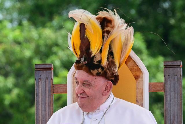 Pope Francis takes part in a meeting with Catholic faithful of the diocese of Vanimo in front of Holy Cross Cathedral in Vanimo, Papua New Guinea, on September 8, 2024. (Photo by Tiziana FABI / AFP)