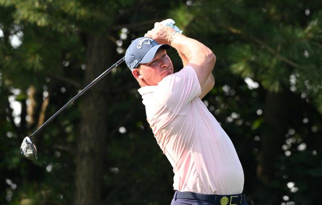 Shaun Norris of South Africa tees off at the 2nd hole during the final round of the 40th Shinhan Donghae Open golf tournament at Club72 Country Club in Incheon on September 8, 2024. (Photo by Jung Yeon-je / AFP)