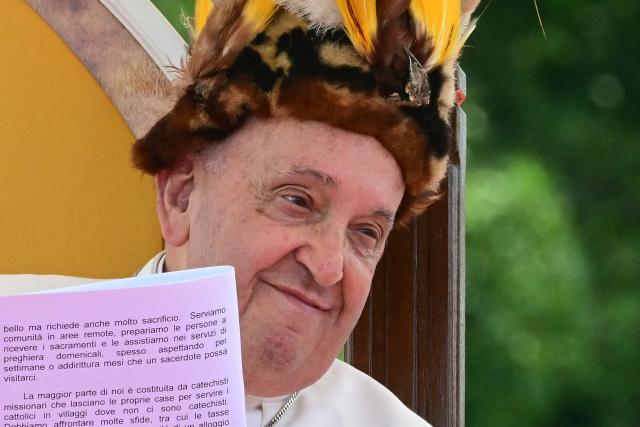 Pope Francis takes part in a meeting with Catholic faithful of the diocese of Vanimo in front of Holy Cross Cathedral in Vanimo, Papua New Guinea, on September 8, 2024. (Photo by Tiziana FABI / AFP)