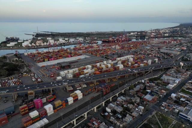 Aerial view of Dock Sud Port in Avellaneda, Buenos Aires province, Argentina, taken on September 20, 2024. (Photo by LUIS ROBAYO / AFP)