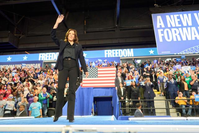 US Vice President and Democratic presidential candidate Kamala Harris arrives to speak during a campaign event at Dort Financial Center in Flint, Michigan, October 4, 2024. (Photo by Geoff Robins / AFP)