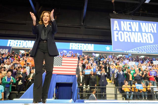 US Vice President and Democratic presidential candidate Kamala Harris arrives to speak during a campaign event at Dort Financial Center in Flint, Michigan, October 4, 2024. (Photo by Geoff Robins / AFP)