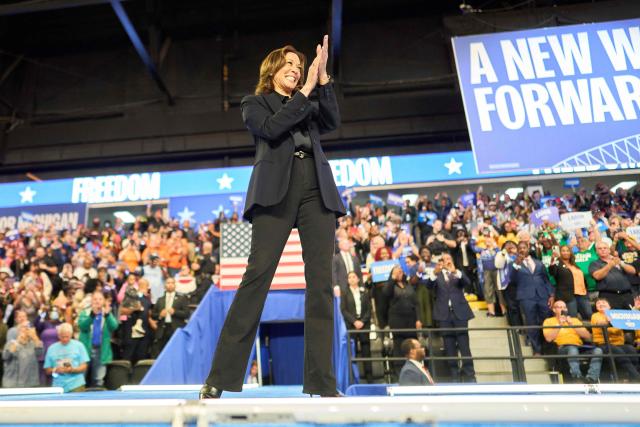 US Vice President and Democratic presidential candidate Kamala Harris arrives to speak during a campaign event at Dort Financial Center in Flint, Michigan, October 4, 2024. (Photo by Geoff Robins / AFP)