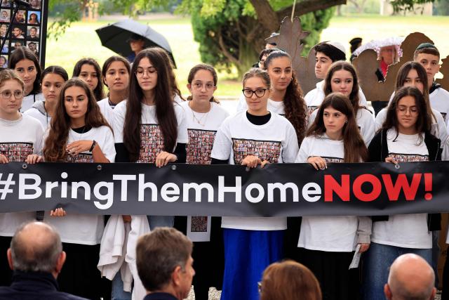 Pupils of Or Thora school attend a ceremony commemorating the first anniversary of the victims of the October 7 attack on Israel by Hamas in Nice, southeastern France, on october 7, 2024. (Photo by Valery HACHE / AFP)