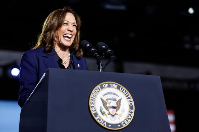 US Vice President and Democratic presidential candidate Kamala Harris speaks during a campaign event in Green Bay, Wisconsin, October 17, 2024. (Photo by KAMIL KRZACZYNSKI / AFP)