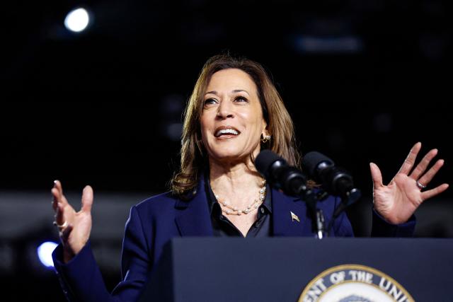 US Vice President and Democratic presidential candidate Kamala Harris speaks during a campaign event in Green Bay, Wisconsin, October 17, 2024. (Photo by KAMIL KRZACZYNSKI / AFP)