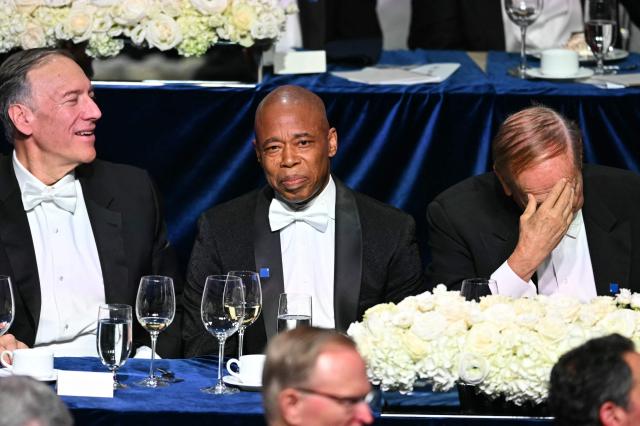 New York Mayor Eric Adams (C) attends the 79th Annual Alfred E. Smith Memorial Foundation Dinner at the Hilton Midtown in New York, October 17, 2024. (Photo by Timothy A. CLARY / AFP)