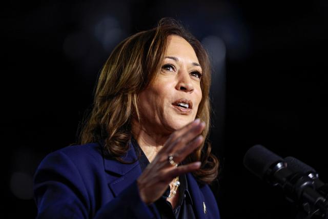 US Vice President and Democratic presidential candidate Kamala Harris speaks during a campaign event at the Resch Expo Center in Green Bay, Wisconsin, October 17, 2024. (Photo by KAMIL KRZACZYNSKI / AFP)