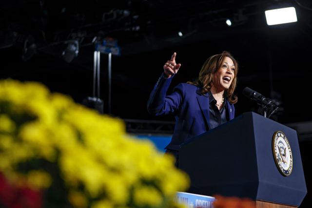 US Vice President and Democratic presidential candidate Kamala Harris speaks during a campaign event at the Resch Expo Center in Green Bay, Wisconsin, October 17, 2024. (Photo by KAMIL KRZACZYNSKI / AFP)