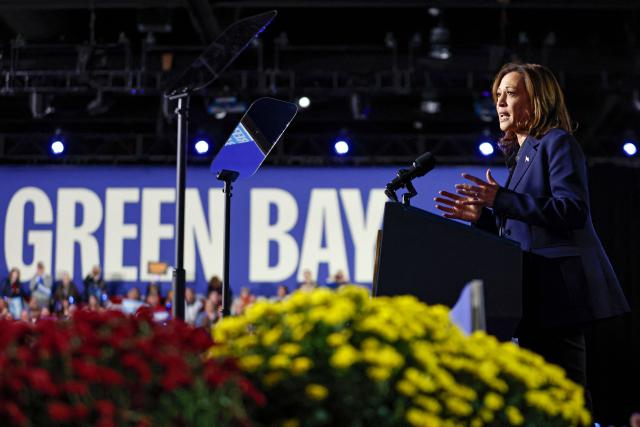 US Vice President and Democratic presidential candidate Kamala Harris speaks during a campaign event at the Resch Expo Center in Green Bay, Wisconsin, October 17, 2024. (Photo by KAMIL KRZACZYNSKI / AFP)