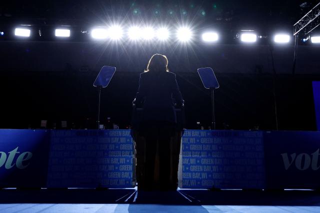 US Vice President and Democratic presidential candidate Kamala Harris speaks during a campaign event at the Resch Expo Center in Green Bay, Wisconsin, October 17, 2024. (Photo by KAMIL KRZACZYNSKI / AFP)