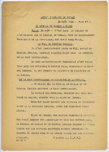 (FILES) This scan made in 2024, shows an Agence France-Presse dispatch dated August 25, 1944, announcing the arrival of the leader of Free France General Charles de Gaulle in liberated Paris (page 1), written by AFP first woman war correspondent, Marcelle Poirier. In a documentary broadcasted from October 18, 2024 to mark its 80th anniversary, AFP has searched for Marcelle Poirier, its first female war correspondent in 1944, forgotten by history, who was covering the arrival of French General de Gaulle in France in August 1944. (Photo by Ludovic CAILLERE / AFP)