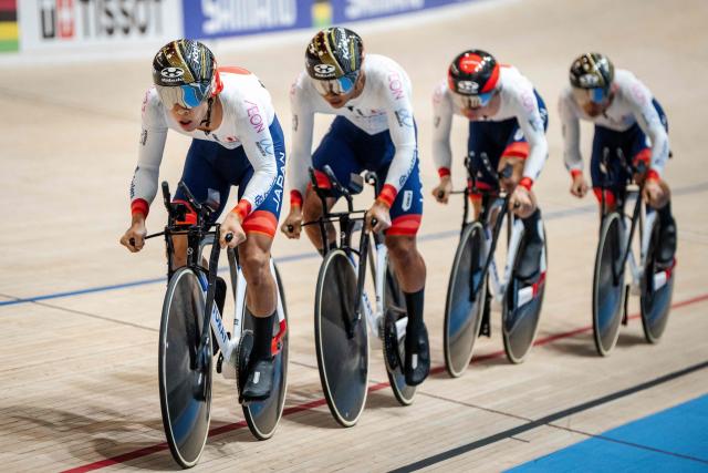 Japan's Shunsuke Iamura, Naoki Kojima, Kazushige Kuboki and Shoi Matsuda compete during the men's 4000 meter team pursuit race at the World Championship in track cycling in Ballerup, Denmark on Thursday, October 17, 2024. (Photo by Mads Claus Rasmussen / Ritzau Scanpix / AFP) / Denmark OUT