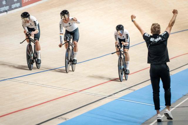 Germany's cyclists win bronze in the men's 4000 meter team pursuit at the World Championship in track cycling in Ballerup, Denmark on Thursday, October 17, 2024. (Photo by Mads Claus Rasmussen / Ritzau Scanpix / AFP) / Denmark OUT