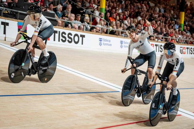 Germany's cyclists win bronze in the men's 4000 meter team pursuit at the World Championship in track cycling in Ballerup, Denmark on Thursday, October 17, 2024. (Photo by Mads Claus Rasmussen / Ritzau Scanpix / AFP) / Denmark OUT