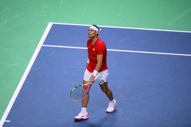 Spain's Rafael Nadal reacts in the quarter-final singles match between Netherlands and Spain during the Davis Cup Finals at the Palacio de Deportes Jose Maria Martin Carpena arena in Malaga, southern Spain, on November 19, 2024. (Photo by Jorge GUERRERO / AFP)