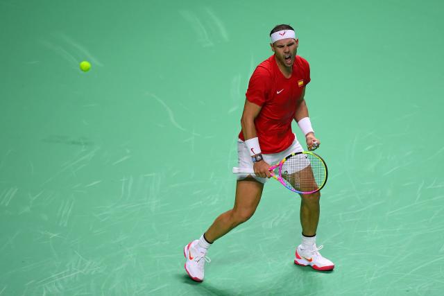 Spain's Rafael Nadal reacts in the quarter-final singles match between Netherlands and Spain during the Davis Cup Finals at the Palacio de Deportes Jose Maria Martin Carpena arena in Malaga, southern Spain, on November 19, 2024. (Photo by Jorge GUERRERO / AFP)