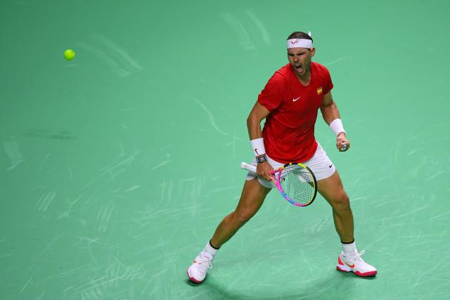 Spain's Rafael Nadal reacts in the quarter-final singles match between Netherlands and Spain during the Davis Cup Finals at the Palacio de Deportes Jose Maria Martin Carpena arena in Malaga, southern Spain, on November 19, 2024. (Photo by Jorge GUERRERO / AFP)