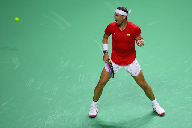 Spain's Rafael Nadal reacts in the quarter-final singles match between Netherlands and Spain during the Davis Cup Finals at the Palacio de Deportes Jose Maria Martin Carpena arena in Malaga, southern Spain, on November 19, 2024. (Photo by Jorge GUERRERO / AFP)