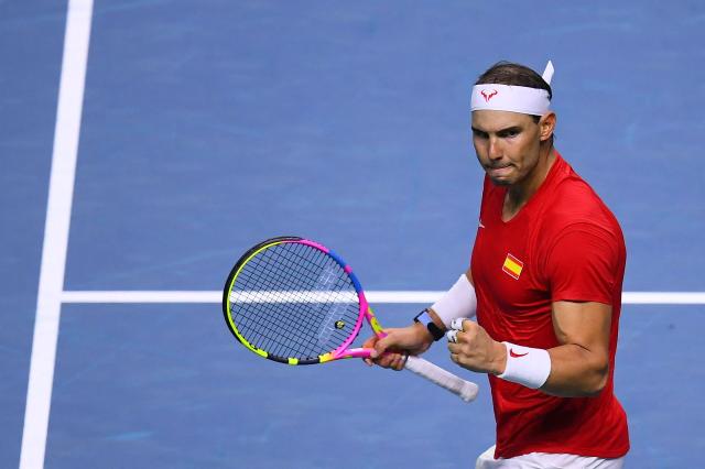 Spain's Rafael Nadal reacts in the quarter-final singles match between Netherlands and Spain during the Davis Cup Finals at the Palacio de Deportes Jose Maria Martin Carpena arena in Malaga, southern Spain, on November 19, 2024. (Photo by Jorge GUERRERO / AFP)