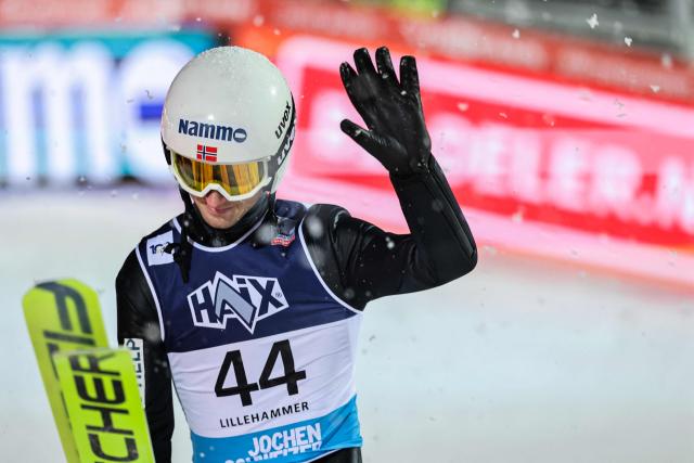 Kristoffer Eriksen Sundal from Norway react after competing the men's individual competition of the FIS Ski Jumping World Cup at the Lysgardsbakken venue in Lillehammer, Norway on November 24, 2024. (Photo by Geir Olsen / NTB / AFP) / Norway OUT