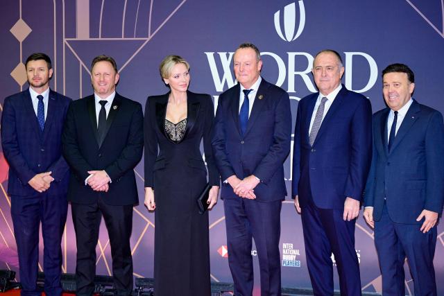 Princess Charlene of Monaco (C) poses on the red carpet of the 2024 World Rugby Awards ceremony at the Sporting Monte-Carlo complex in Monaco, on November 24, 2024. (Photo by Frederic Dides / AFP)